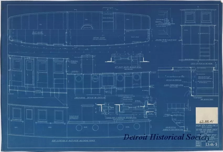 Blueprint - 40 Foot Steel Work Launch, 
House Details for 
U. S. Lake Survey Office, Detroit, Michigan