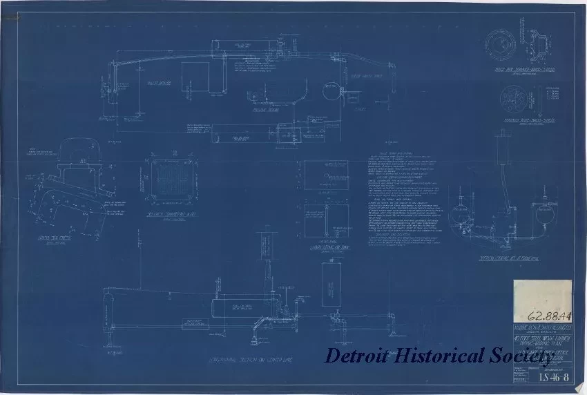 Blueprint - 40 Foot Steel Work Launch, 
Piping-Wiring Plan 
for U. S. Lake Survey Office, Detroit, Michigan