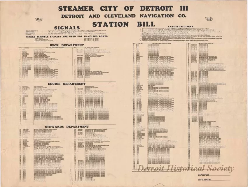 Poster, Instructional - Steamer City of Detroit III
Detroit and Cleveland Navigation Co.
Station Bill