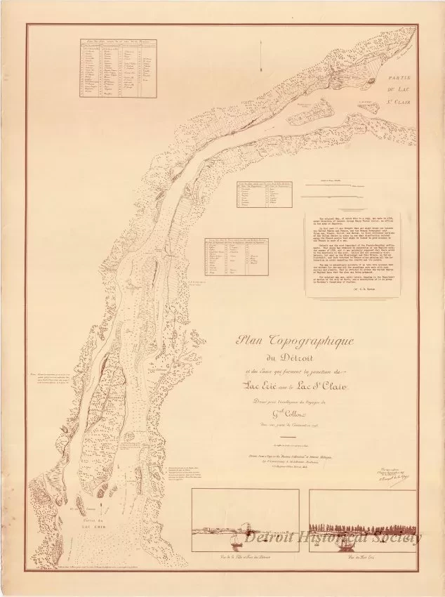 Map - Plan Topographique du Détroit et des eaux qui forment la jonction du
Lac Erié avec le Lac St. Clair 
[Topographic plan of Detroit and the waters which form the junction of 
Lake Erie with Lake St. Clair]