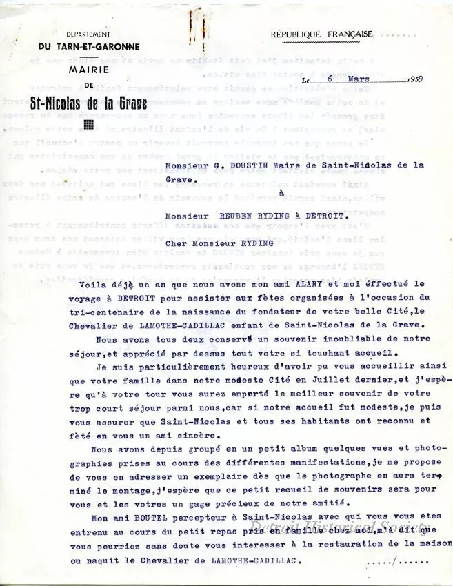 Letter - Departement Du Tarn-Et-Garonne,
Mairie de St-Nicolas de la Grave
