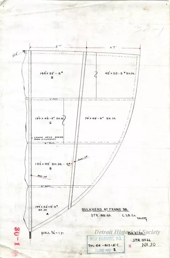 Drawing, Technical - Bulkhead at Frame 56,
Str. [Steamer] No. 66