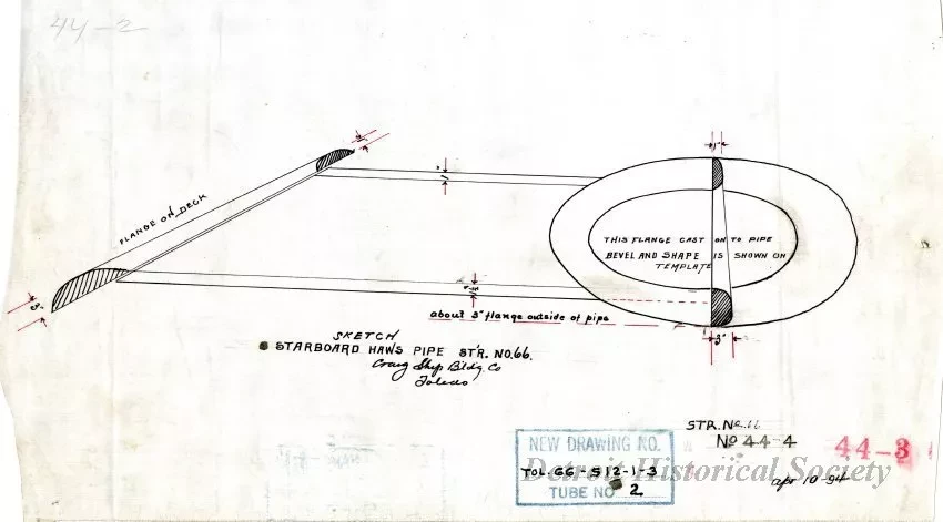 Drawing, Technical - Sketch, Starboard Haws[e] Pipe,
St'r. [Steamer] No. 66