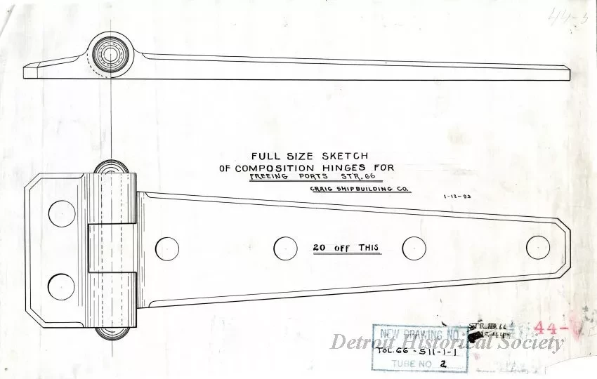 Drawing, Technical - Full Size Sketch of Composition Hinges for Freeing Ports,
Str. [Steamer] No. 66
