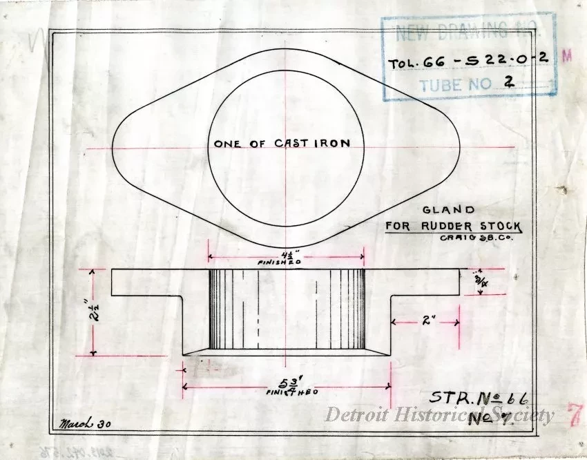 Drawing, Technical - Gland for Rudder Stock,
Str. [Steamer] No. 66