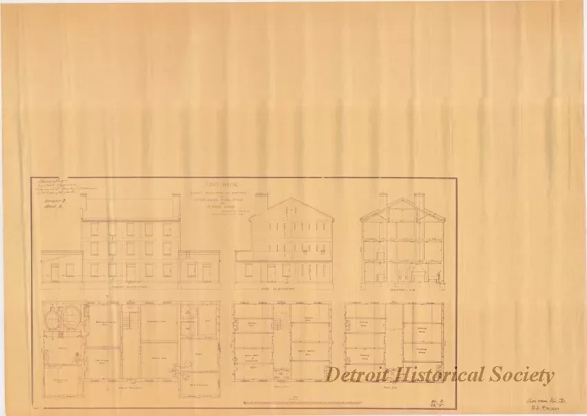 Blueprint - Fort Wayne - Plans, Elevation, and Section of
Offices, Bakery, Guard, Store and Washing Rooms
