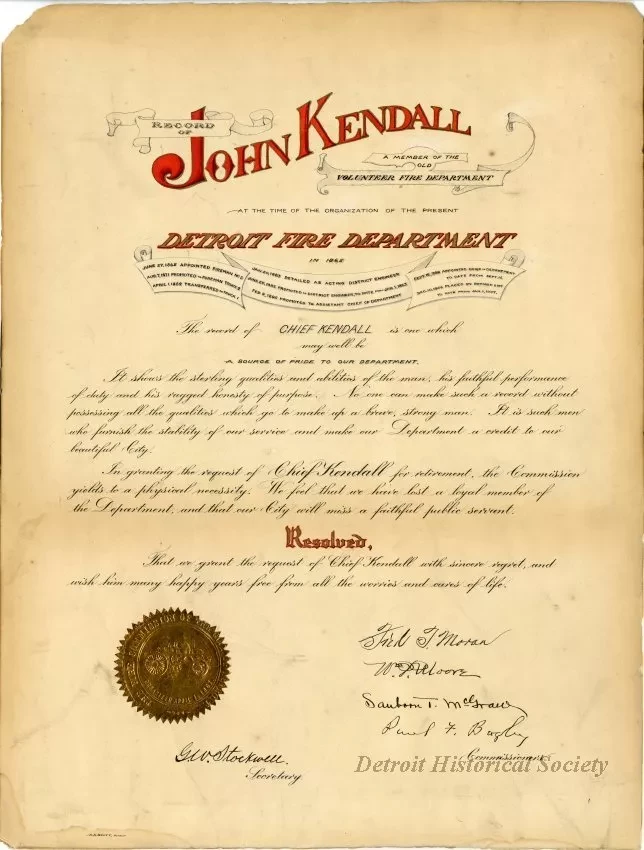 Resolution - Record of John Kendall, A Member of the Old Volunteer Fire Department at the Time of the Organization of the Present Detroit Fire Department in 1865