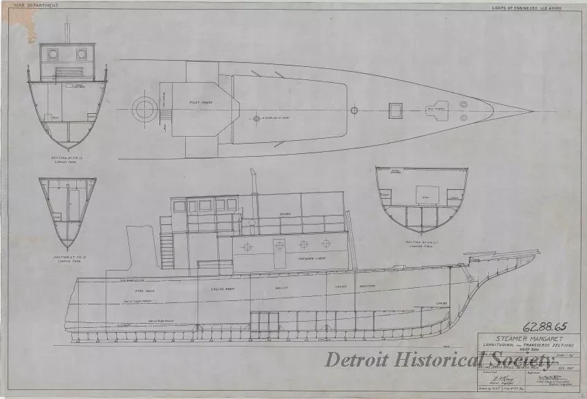 Drawing, Technical - Steamer Margaret,
Longitudinal and Transverse Sections Near Bow
