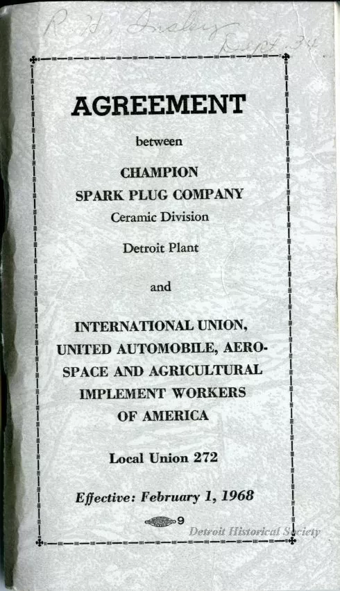 Agreement - Agreement between Champion Spark Plug Company Ceramic Division Detroit Plant and International Union, United Automobile, Aerospace and Agricultural Implement Workers of America, Local Union 272; Effective: February 1, 1968