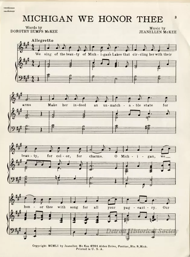 Music, Sheet - Michigan We Honor Thee