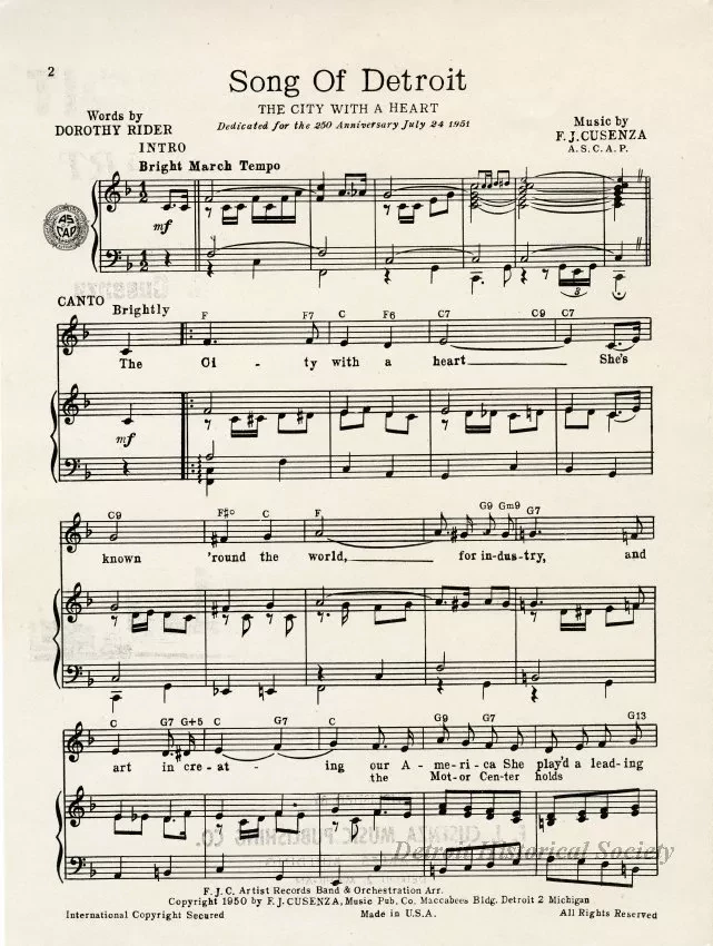 Music, Sheet - Song of Detroit, The City With a Heart