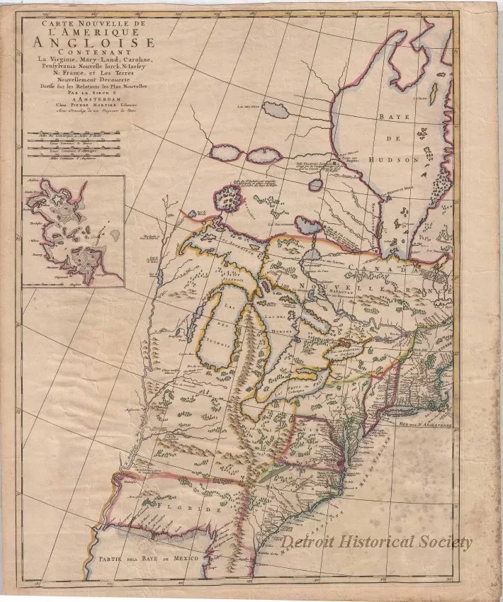 Map - Carte Nouvelle de L'Amerique Angloise Contenant La Virginie, Mary-Land, Caroline, Penssylvania, Nouvelle Iork, N: Iarssey, N: France, et Les Terres Nouvellement Decouerte Dresse fur les Relations les Plus Nouvelles