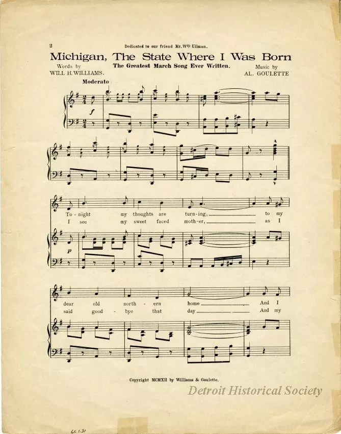 Music, Sheet - Michigan, The State Where I Was Born