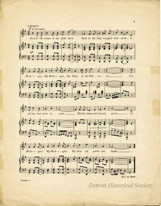 Music, Sheet - Michigan, The State Where I Was Born