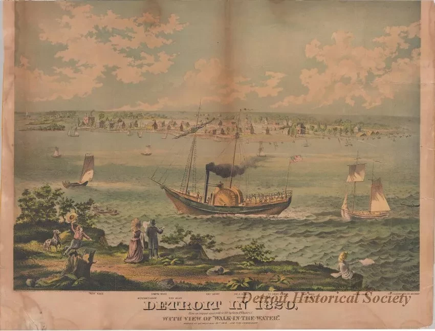 Lithograph - Detroit in 1820, With View of "Walk-In-The-Water"