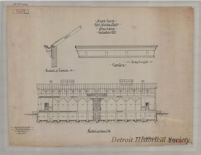 Drawing, Architectural - Store House, Fort Wayne, Michigan.
Office A.A.Q.M., November, 1889