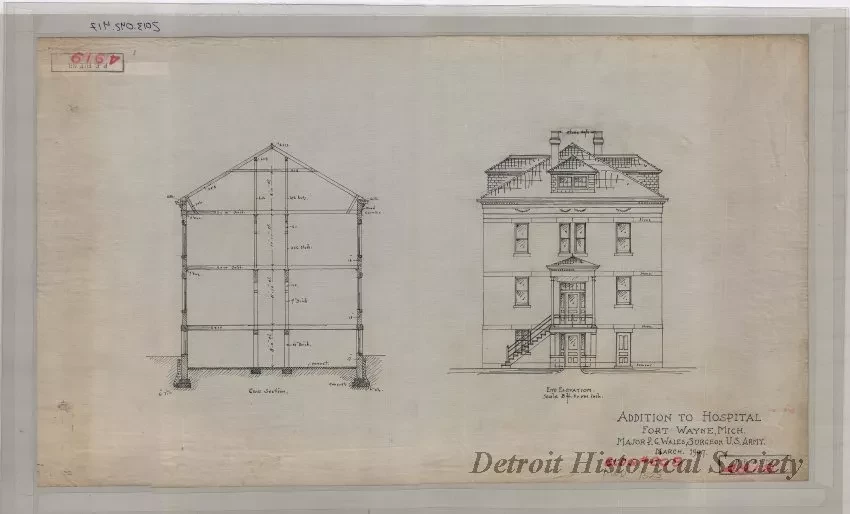 Drawing, Architectural - Addition to Hospital, Fort Wayne, Michigan.
Major P. G. Wales, Surgeon, U.S. Army.  March, 1907.