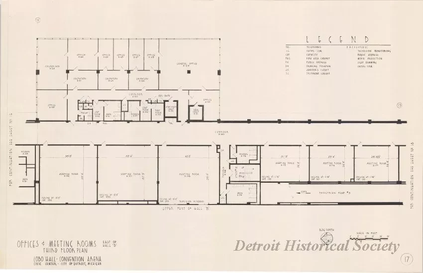Drawing, Architectural - Offices & Meeting Rooms East of Hall B, 
Third Floor Plan, 
Cobo Hall - Convention Arena, 
Civic Center - City of Detroit, Michigan