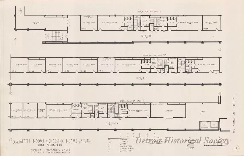 Drawing, Architectural - Committee Rooms & Dressing Rooms West of Halls A,B,C, 
Third Floor Plan, 
Cobo Hall - Convention Arena, 
Civic Center - City of Detroit, Michigan
