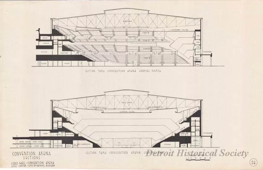 Drawing, Architectural - Convention Arena, 
Sections, 
Cobo Hall - Convention Arena, 
Civic Center - City of Detroit, Michigan