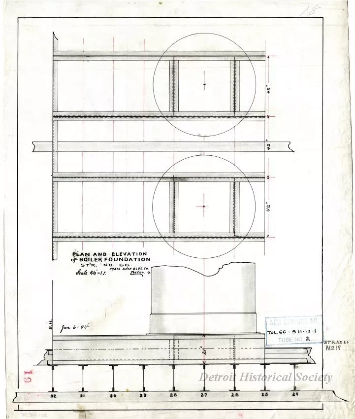 Drawing, Technical - Plan and Elevation of Boiler Foundation, 
Str. [Steamer] No. 66