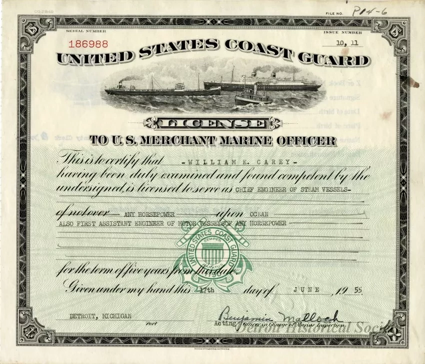 License - United States Coast Guard license to U.S. Merchant Marine Officer