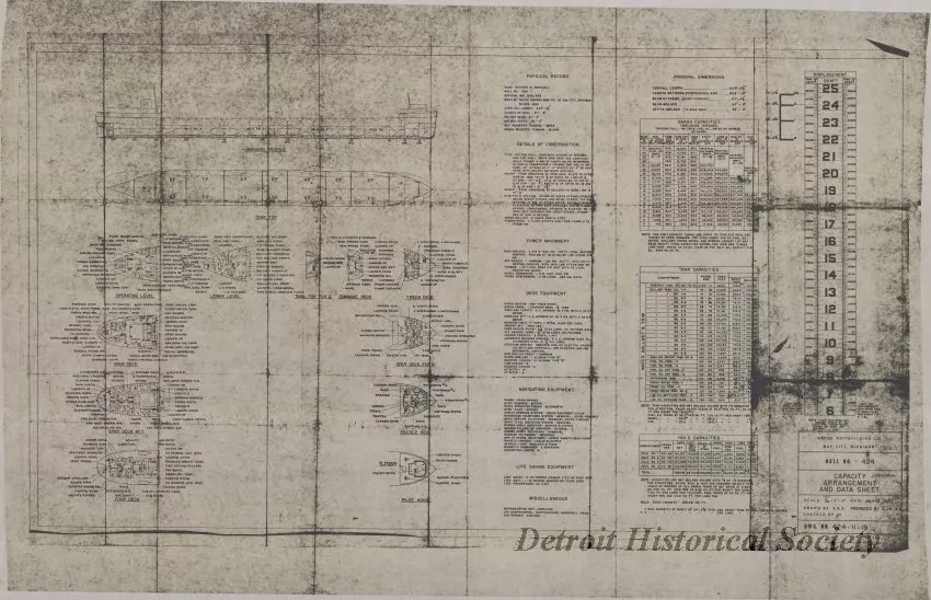 Drawing, Technical - Hull No. 424, Capacity Arrangement and Data Sheet
[SS Richard M. Marshall, SS John Dykstra, SS Benson Ford]