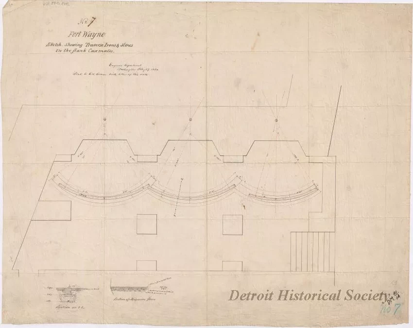 Drawing, Architectural - No. 7, Fort Wayne,
Sketch Showing Traverse Irons & Stones in the Flank Casemates