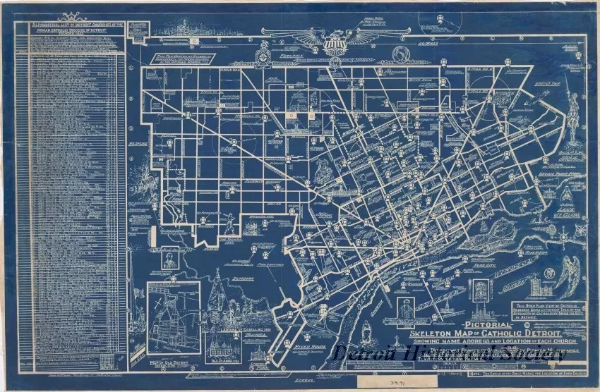 Map - Pictorial Skeleton Map of Catholic Detroit,
Showing Name, Address and Location of Each Church
