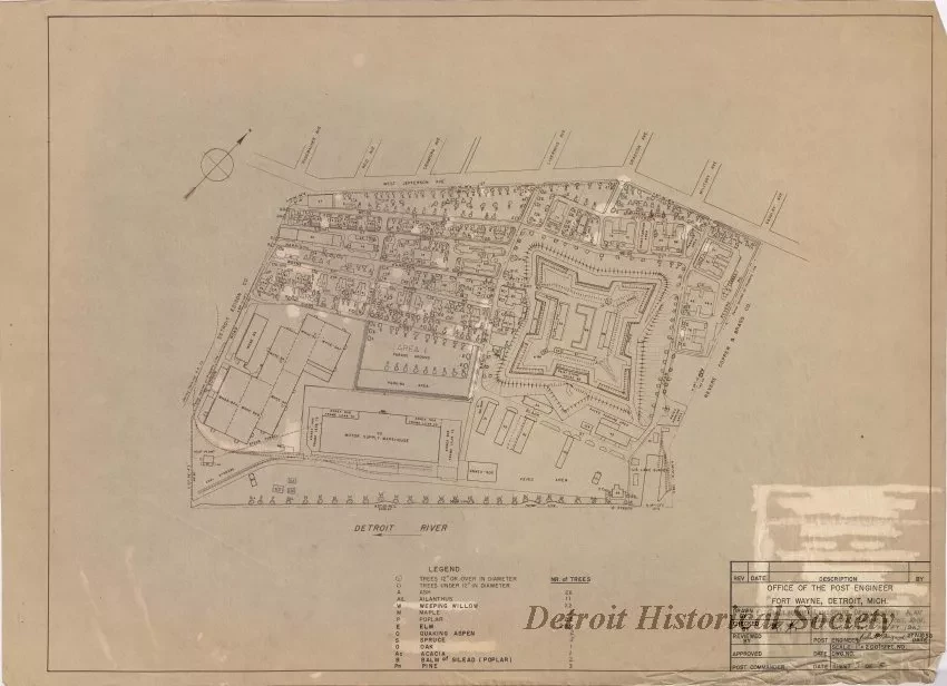 Drawing, Architectural - Office of the Post Engineer, Fort Wayne, Detroit, Michigan -
Landscape Development Plan (Tree Cover), Ft. Wayne, Detroit, Mich., 
as Completed for FY 1962