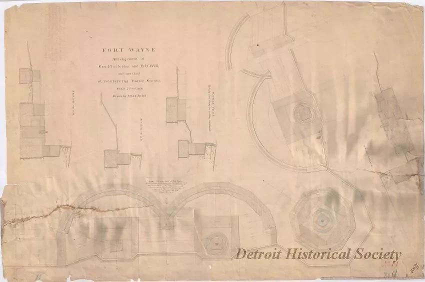 Drawing, Architectural - Fort Wayne,
Arrangement of Gun Platforms and B. H. Wall, 
and Method of Reinforcing Pintle Stones