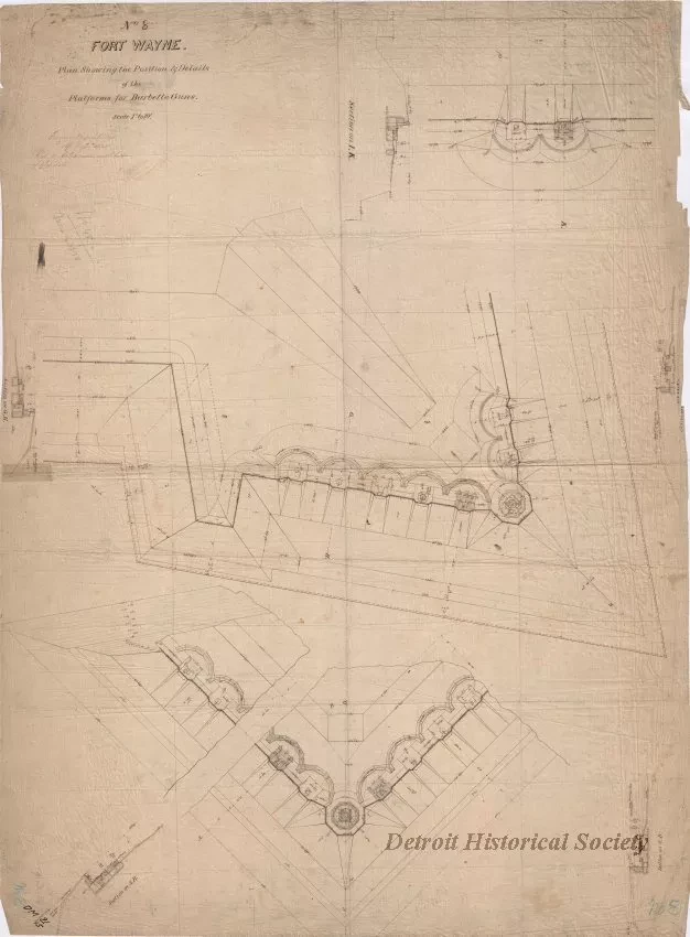 Drawing, Architectural - No. 8, Fort Wayne,
Plan Showing the Position & Details of Platforms for Barbette Guns