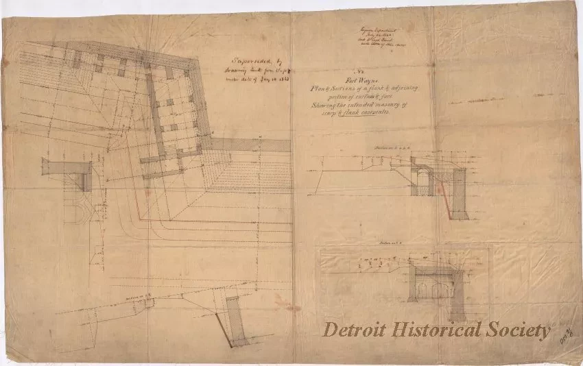 Drawing, Architectural - Fort Wayne,
Plans & Sections of a Flank & Adjoining Portion of Curtain & Face,
Showing the Intended Masonry of Scarp & Flank Casemates