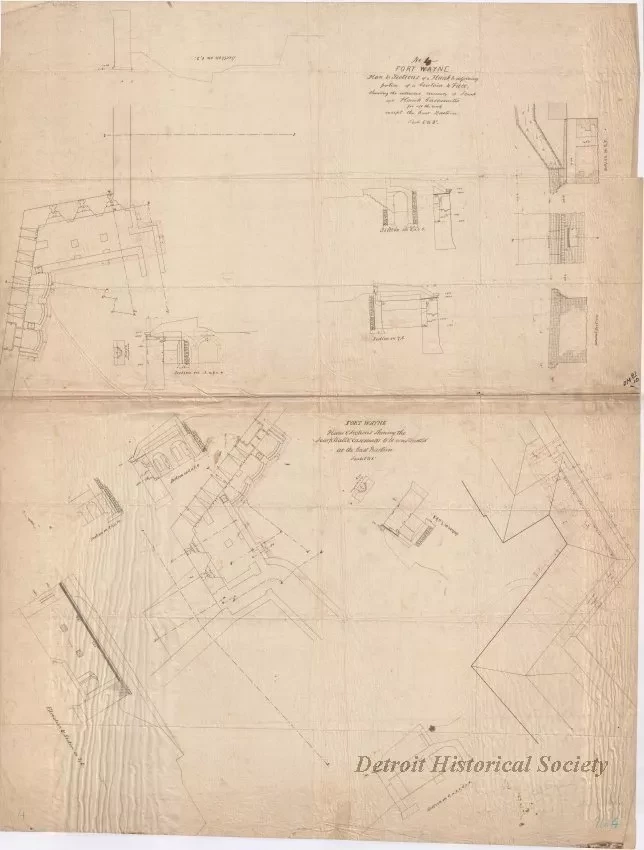Drawing, Architectural - No. 4, Fort Wayne,
Plan & Sections of a Flank & Adjoining Portion of a Curtain & Face;
Showing the Intended Masonry of Scarp and Flank Casemates for All the Work Except the East Bastion