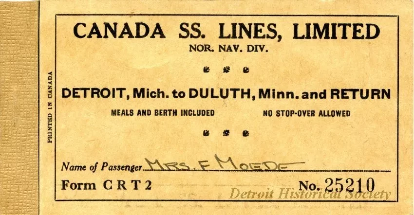 Ticket, Transportation - Canada SS. [Steamship] Lines, Limited
Nor. Nav. Div. [Northern Navigation Division]