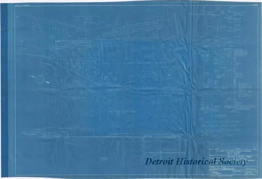 Blueprint - Detroit Boat Yard - 
Boatshed, Paving and Trackwork, 
Site Plan, Profile & Borings