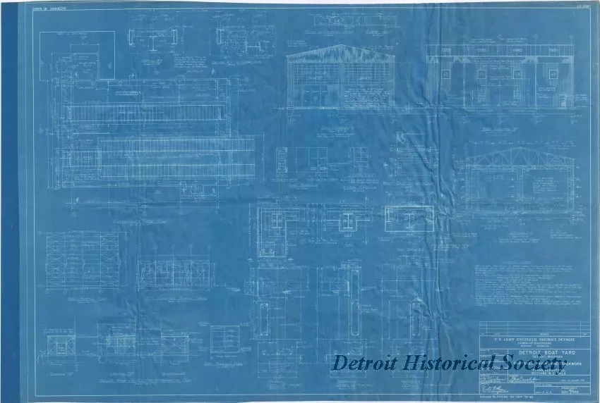 Blueprint - Detroit Boat Yard - 
Boatshed, Paving and Trackwork, 
Plans, Elevations, Sections & Details