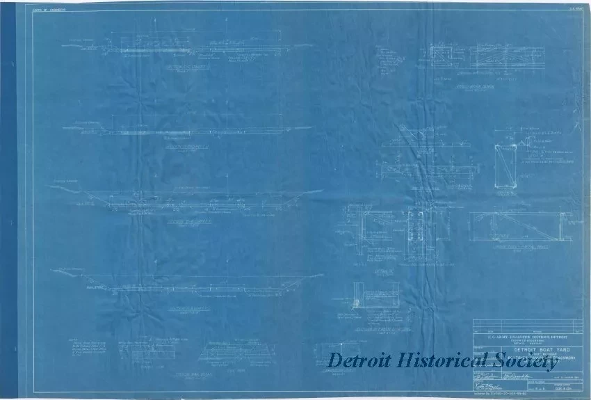 Blueprint - Detroit Boat Yard - 
Boatshed, Paving and Trackwork, 
Sections & Details