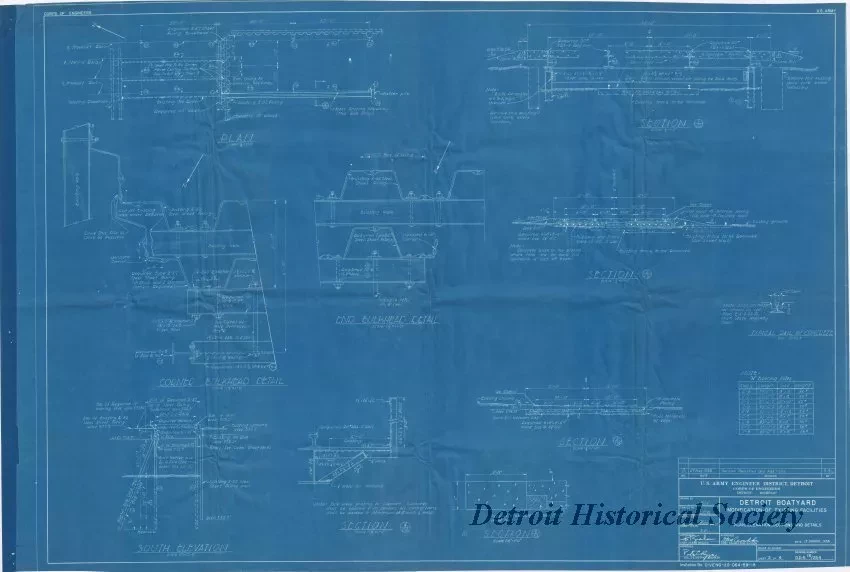 Blueprint - Detroit Boat Yard -
Modification of Existing Facilities;
Plan, Elevation, Sections and Details