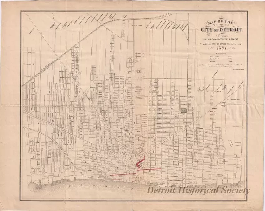 Map - Map of the City of Detroit,
Showing Fire Limits, Paved Streets & Sewers