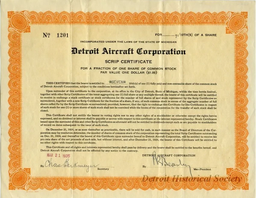 Certificate, Stock