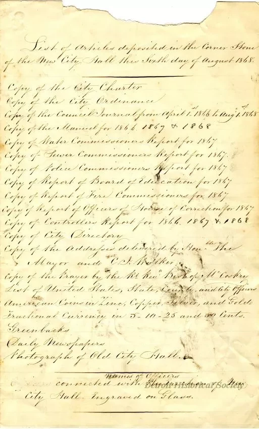 List - List of Articles Deposited in the Corner Stone of the New City Hall,
This Sixth Day of August, 1868