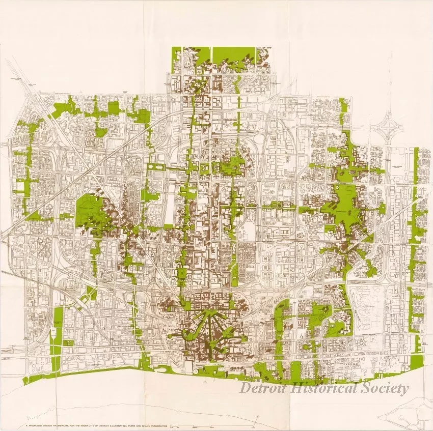 Drawing, Architectural - A Proposed Framework for the Inner City of Detroit,
Illustrating Form and Space Possibilities