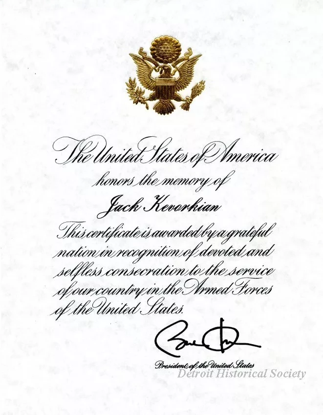Certificate, Commemorative - Jack Kevorkian