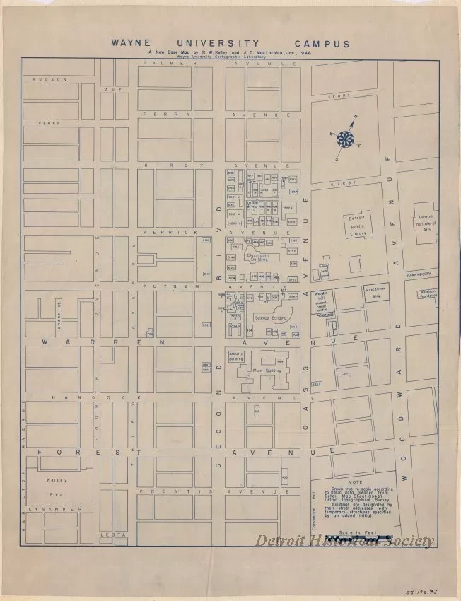 Blueprint - Wayne University Campus, 
A New Base Map by R. W. Kelley and J. C. MacLachlan, Jan., 1948