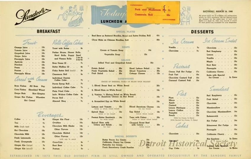 Menu - The Sanders Menu, Vol. 3, No. 6