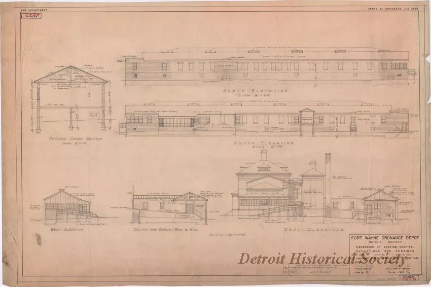 Drawing, Architectural - Fort Wayne Ordnance Depot, Detroit, Michigan -
Expansion of Station Hospital, Elevations and Sections