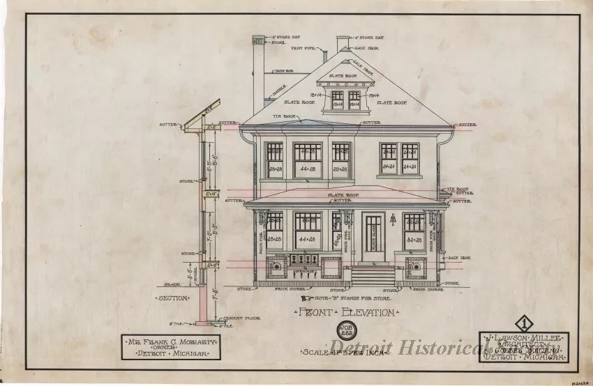 Drawing, Architectural - Residence for Mr. Frank C. Moriarty, Owner, 
Detroit, Michigan - Front Elevation
