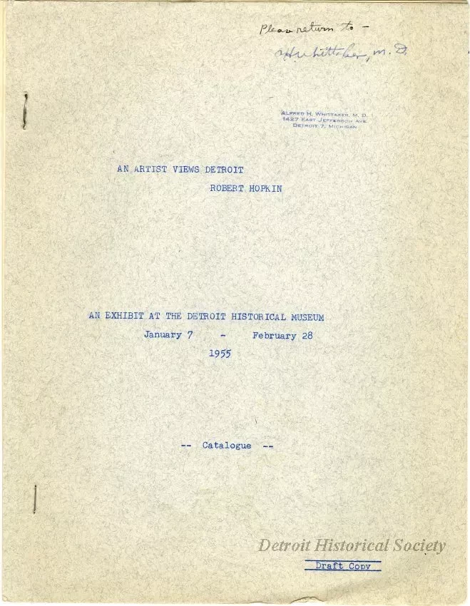 Catalog - An Artist Views Detroit Robert Hopkin Exhibit Catalogue, Draft Copy