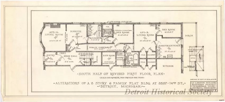 Drawing, Architectural - Alterations of a 3 Story, 6 Family Flat Bldg. at 3537 14th St., 
Detroit, Michigan